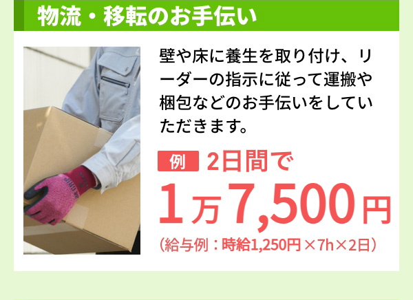 物流・移転のお手伝い 壁や床に養生を取り付け、リーダーの指示に従って運搬や梱包などのお手伝いをしていただきます。 例 2日間で1万6,800円（給与例：時給1,200円×7h×2日）